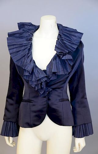 Christian Dior, c. 1985, Jacket of navy blue silk, with large pleated ruffle around neckline...