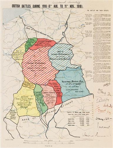* CHURCHILL, SIR WINSTON. Map of British Battles of 1918 signed by Churchill and the other Generals and Field Marshalls.