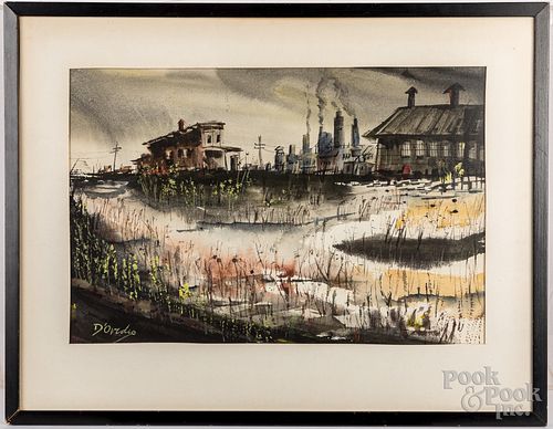 Watercolor townscape with factory smokestacks