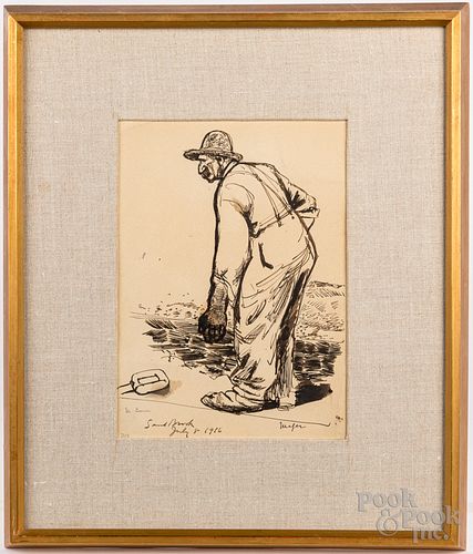 Ink and watercolor sepia tone of a farm worker