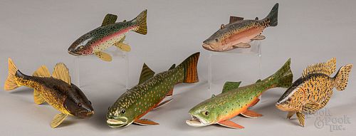 Six contemporary carved and painted fish decoys