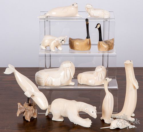 Group of twelve miniature Inuit carved animals