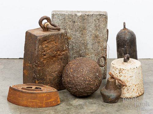 Group of assorted weights, iron, etc.