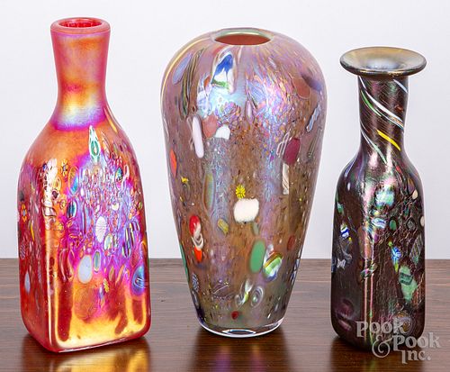 Three Joe Mattson studio art glass vases