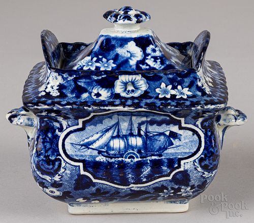 Historical blue Staffordshire covered sugar