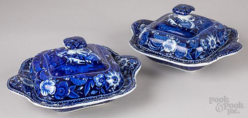 Pair of blue Staffordshire covered vegetables
