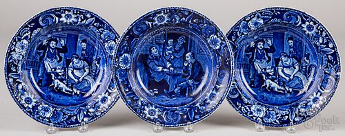 Three blue Staffordshire shallow bowls