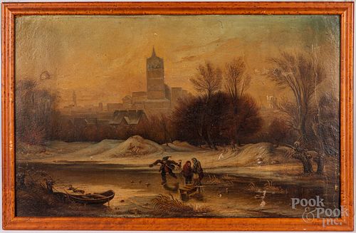 Oil on artist board landscape, 19th c.