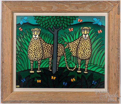 Shigeo Okumura oil on canvas of two leopards