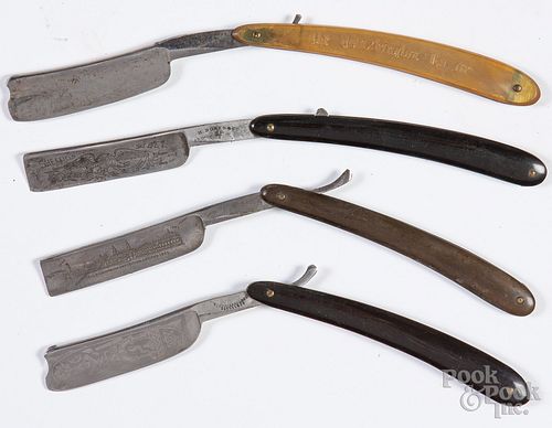 Four straight razors with engraved blades
