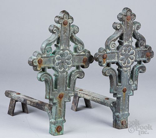 Pair of Spanish bronze cross andirons, 19th c.