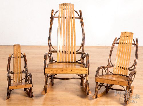 Three contemporary Amish twig rocking chairs