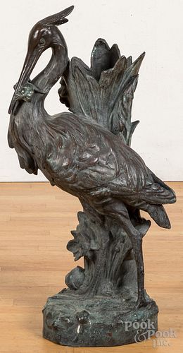 Large bronze heron with frog sculpture, ca. 1900