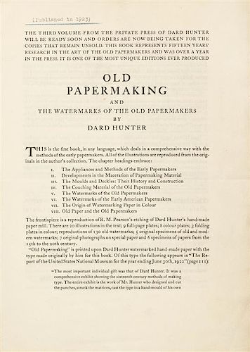 HUNTER, DARD. Old Papermaking. Chillicothe, OH, 1923. Limited edition, signed by Hunter. With 6 TLS signed by Hunter.