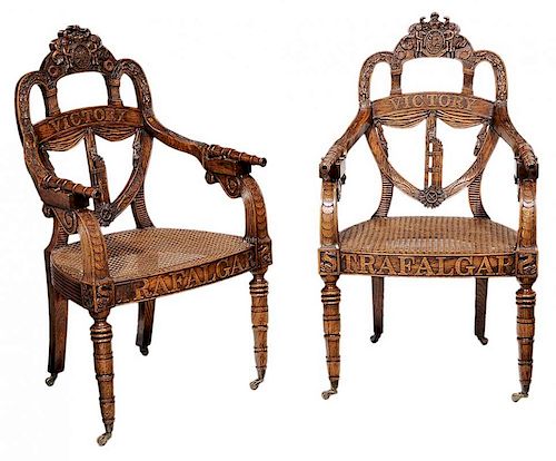 Pair Oak Armchairs Made in tribute to Lord Nelson's Ship HMS Victory