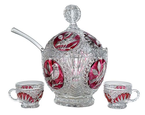 Hofbauer Crystal Punch Bowl and Eight