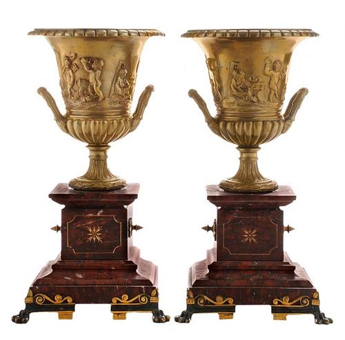 Pair Gilt Bronze and Red Marble Urns