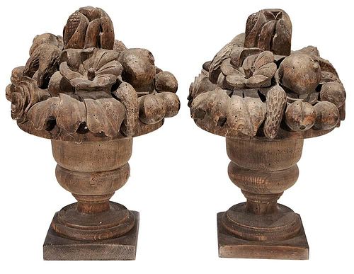 Pair Classical Style Carved Pine Urn,