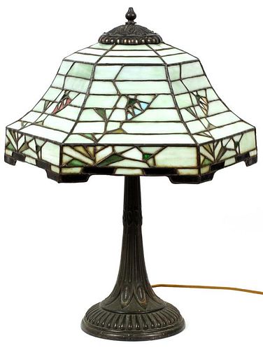 AMERICAN GLASS & PATINATED METAL TABLE LAMP C. 1920
