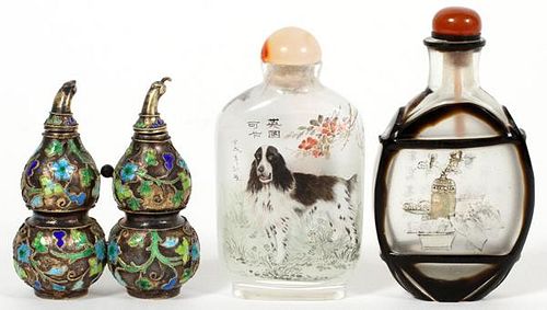 CHINESE CRYSTAL AND ENAMELED BRASS SNUFF BOTTLES