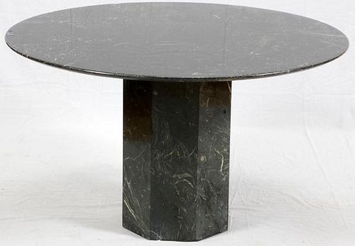 BLACK AND GREY MARBLE TABLE W/ PEDESTAL BASE