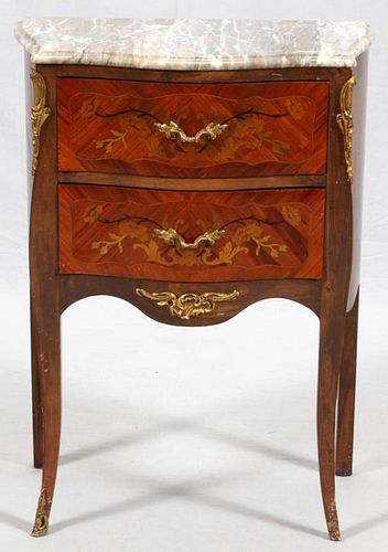 MARQUETRY INLAID MARBLE TOP COMMODE