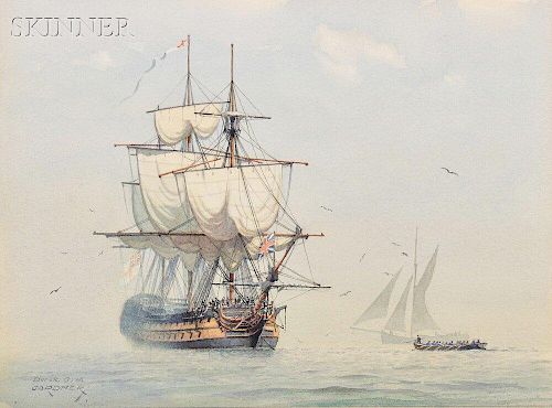 Derek George Montague Gardner (British, 1914-2007)      "Drying her topsails"/His Britannic Majesty's Ship "WARRIOR" at anchor