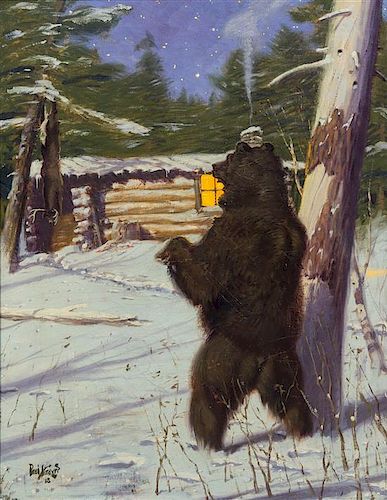 Paul Strayer, (American, 1885–1981), Bear in Winter Cabin Scene, 1928