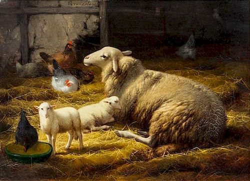 * Eugene Remy Maes, (Belgian, 1849-1931), Sheep in a Barn