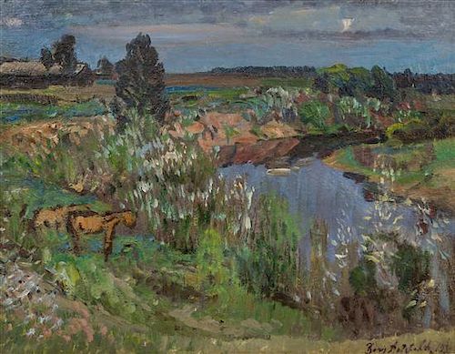 Boris Izrailovich Anisfeld, (Russian, 1879-1973), Horses at the Stream, 1934