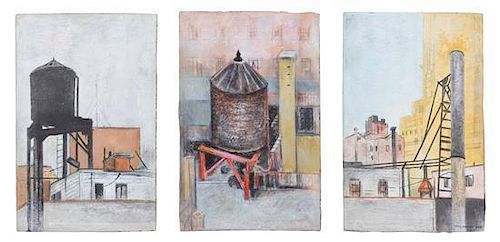 Helen Beccard, (American, 1903-1994), City Rooftops (triptych)