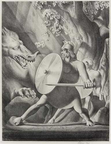 Rockwell Kent, (American, 1882-1971), Beowulf and the Dragon (from the Beowulf series), 1931