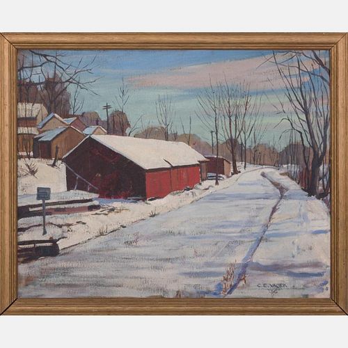 C. E. Vacek (20th Century) Winter Street Scene, Oil on canvas,