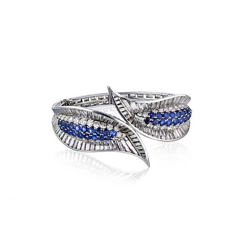 35 Carat Platinum Sapphire And Diamond Exquisite Diamond Hinged Bracelet 