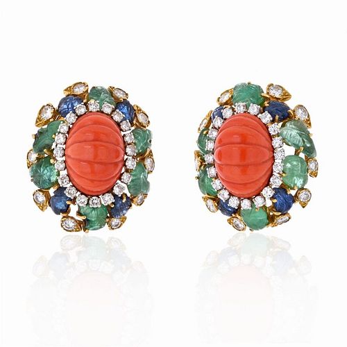 David Webb Fluted Coral Carved Emerald Sapphire And Diamond Earrings 