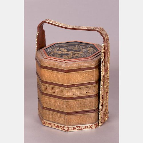 A Chinese Woven and Lacquered Four Tier Lunch Box, 19th/20th Century.