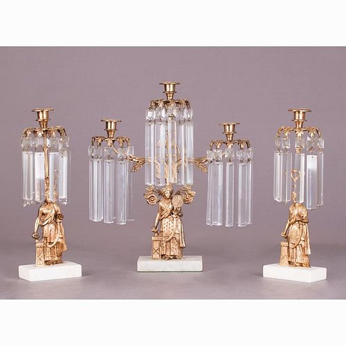 A Gilt Brass and Crystal Girandole Set, 19th Century,