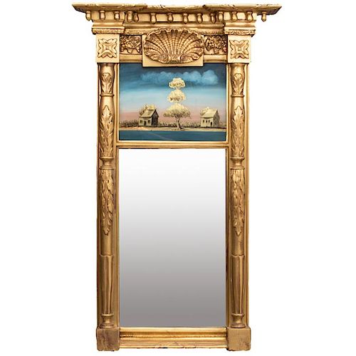 An American Federal Gilt Carved Pier Mirror with Reverse Painted Eglomise Panel, 19th Century,