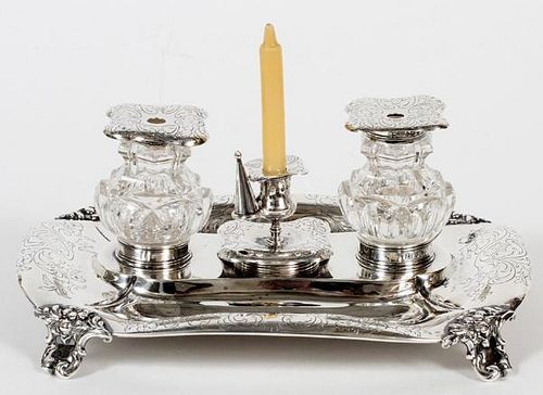 VICTORIAN STERLING DOUBLE INKSTAND BY HAYNE &CARTER