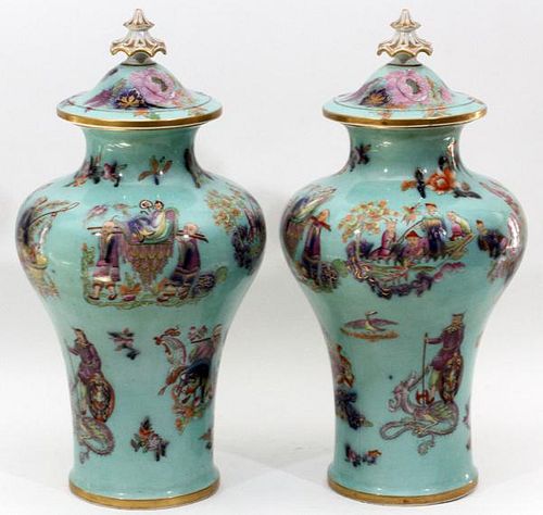 ENGLISH PORCELAIN COVERED URNS LATE 19TH C. PAIR