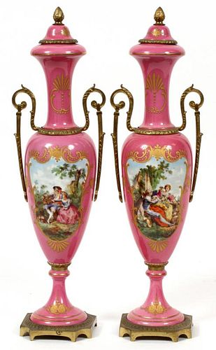 FRENCH PINK PORCELAIN URNS C. 1920-1930 PAIR