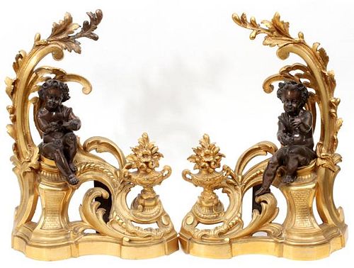 FRENCH D'ORE & PATINATED BRONZE FIGURAL CHENETS