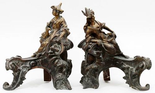 FRENCH CHINOISERIE BRONZE FIGURAL CHENETS PAIR
