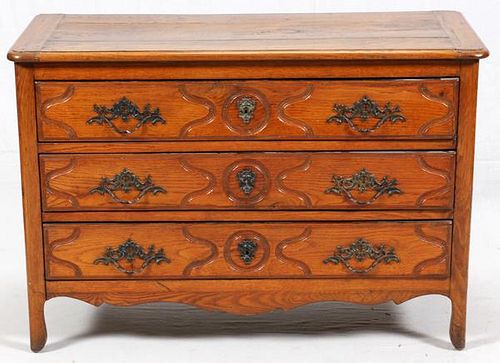 FRENCH CARVED OAK CHEST OF THREE DRAWERS C. 1820