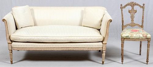 FRENCH LOUIS XVI STYLE CARVED SETTEE & SIDE CHAIR