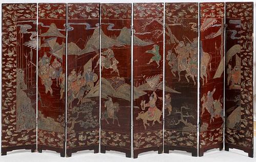 CHINESE ANTIQUE CARVED COROMANDEL 8-PANEL SCREEN