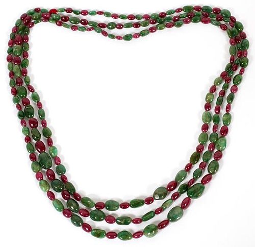 700CT NATURAL RUBY & EMERALD BEAD NECKLACES, THREE