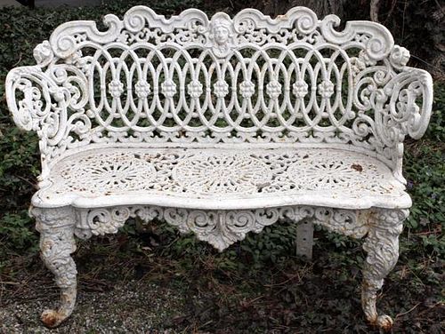 ANTIQUE PAINTED WHITE CAST IRON BENCH