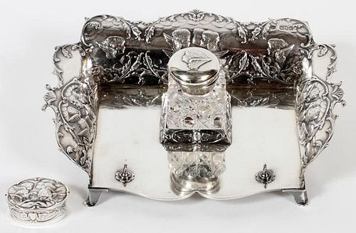 VICTORIAN STERLING & CRYSTAL INKSTAND & SNUFF BOX
