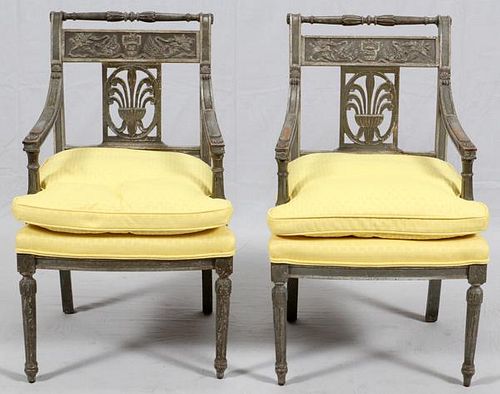 FRENCH DIRECTOIRE STYLE CARVED WOOD ARM CHAIRS